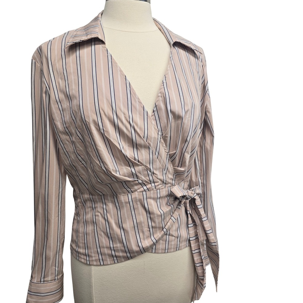 Finley Womens Small Striped Wrap Blouse Tan Navy Blue Tie Waist Career Work